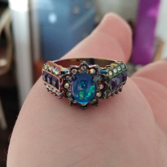 Metallic Rainbow Fire Opal Gemstone Cluster Ring 9 - Picture 2 of 14